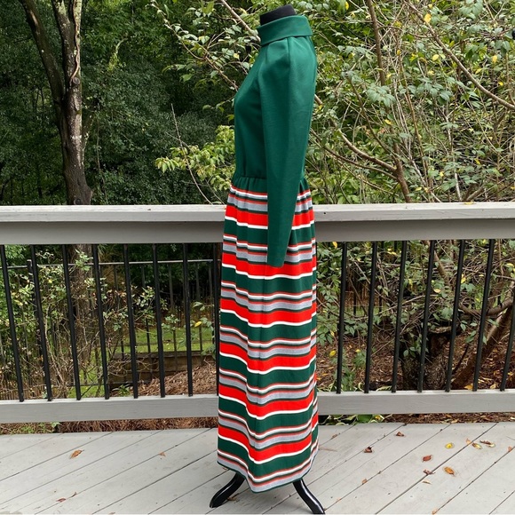 Vintage 70s Union Label Turtleneck Stripe Ribbed Knit Holiday Maxi Hostess Dress - Picture 5 of 12